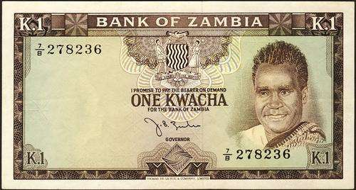 Bank of Zambia One Kwacha with dot Prefix 7/B 278236 Pick 5a unc condition