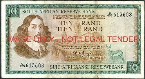 TW de Jongh Third Issue Ten Rand Prefix C455 f condition
