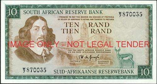 TW de Jongh First Issue Ten Rand Replacement W7 870035 unc condition