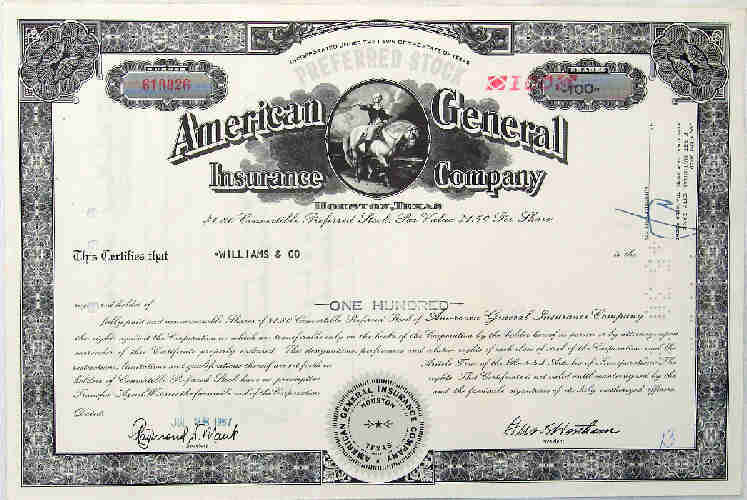 Insurance 1967 American General Insurance Company ( Stock Share Bond Loan ) (1081)