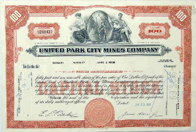 Mining 1969 United Park City Mines Company ( Stock Share Bond Loan ) (1082)