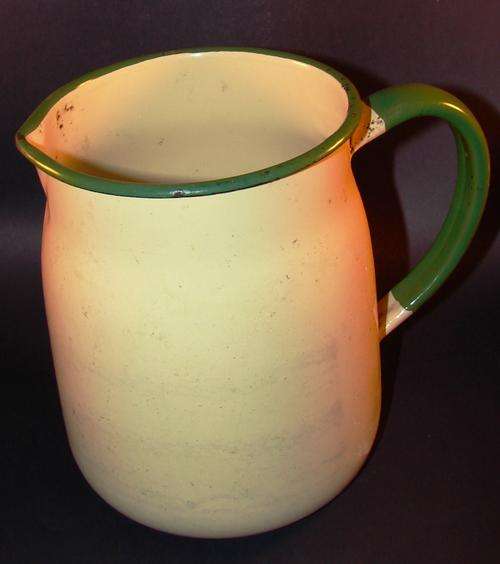 Yellow Enamel Jug with green trimming-H 16cm, Base w-13cm