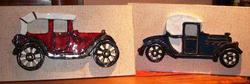 2 Beautiful good quality glazed wall mount framed Pottery Vintage cars