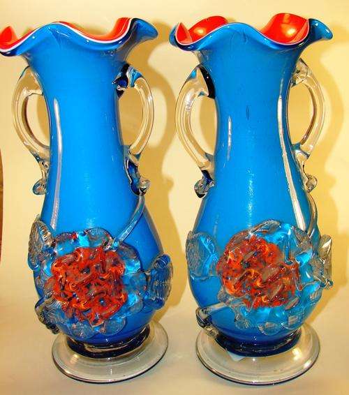 2 Stunning blue and orange Glass Vases-height 24cm-good condition