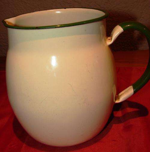 Yellow Enamel Jug with green trimming-Height 14cm-few enamel chips/no holes