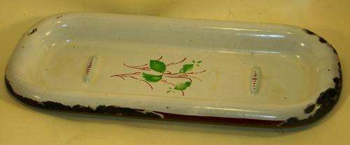 Vintage Enamel Soup dish - White with green leaves pattern- Dia. 20cm x 10cm x 1.5cm