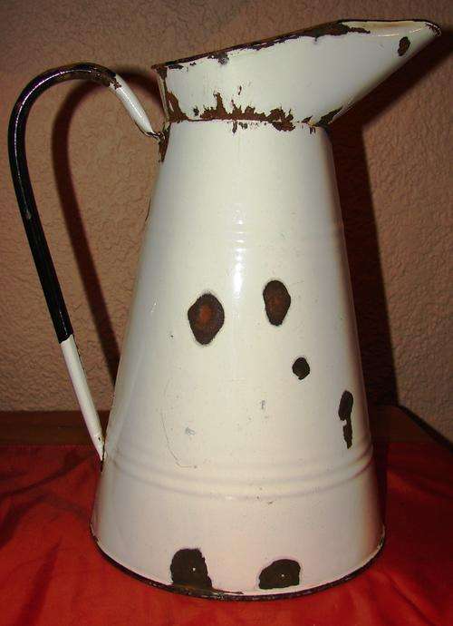 White enamel Pincher with black trimming-H 36cm and Bottom dia. 22cm
