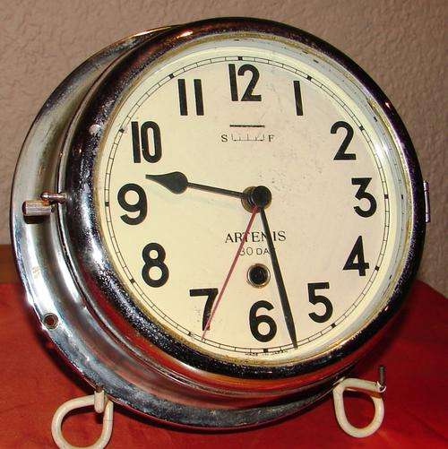 Vintage Artemis 30 Day Ship Clock-Heavy,silver plated steel -converted to battery mechanism-working
