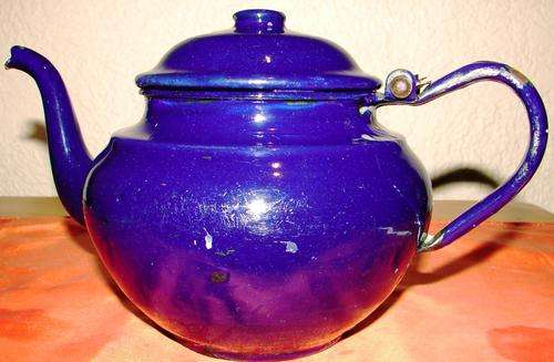 Beautiful blue Enamel Kettle with lid-H 13cm, MW 14cm-Made in Czecholwakia