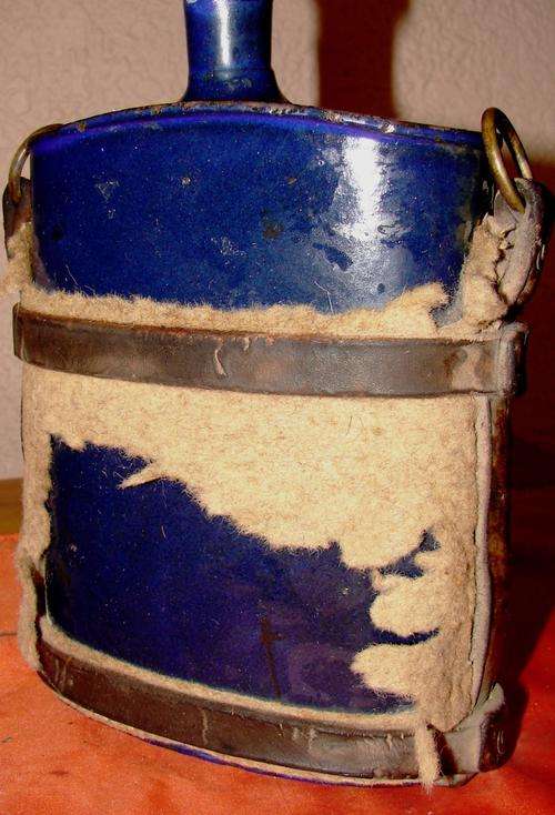 Blue Enamel water bottle-H 20cm, W 16cm with leather strap