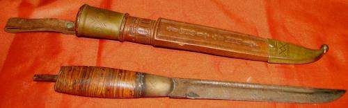 Vintage 1930`s Finnish Puukko hunting knife with leather sheath and brass details