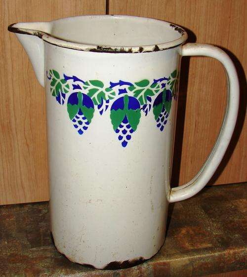 Vintage White Enamel Pitcher with Blue/green patterns-H 30 cm, Top w 17 cm, Bw 16 cm
