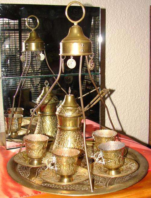 Unusual  beautiful Turkish 11 piece OZEN Brass Tray and Coffee set