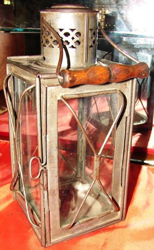 Antique OHNE LOTHUNG D.R. Patent 125297 Carriage Candle Lantern-Metal and glass with wooden handle