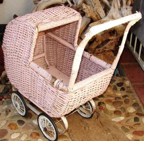 Vintage Pink Cane Doll Pram-H 56 cm, L 50 cm and W 26 cm-Working condition