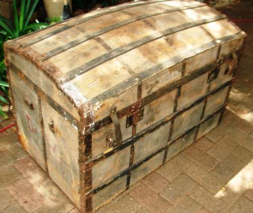 Wow!!..Big antique wooden Dr`s ship trunk with lots of character.Has top inner drawer-Marked Dr W1