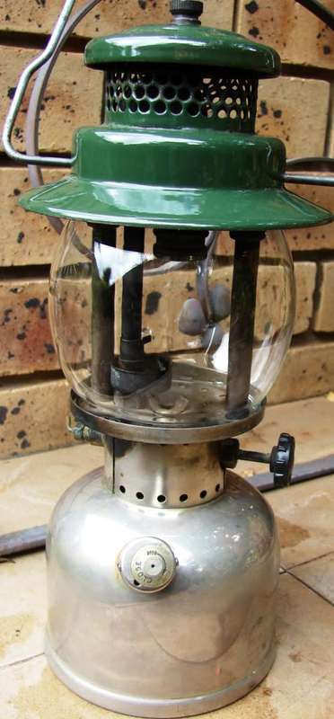 Green and silver Coleman Model 249- Made in Canada 05/1957 Kerosene lamp