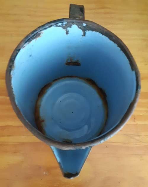 Collectable small vintage Blue Enamel pitcher with black trimmings-H 15 cm, BDS 11.5cma
