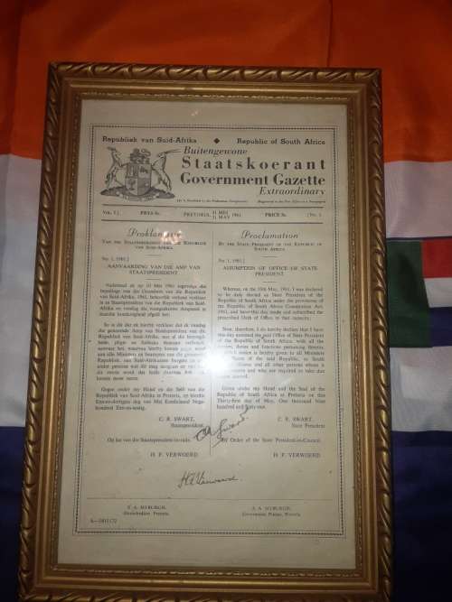 RSA history Gov Gazette Vol 1. 31-5-61 Originally signed Proclamation Assumption/Office of President
