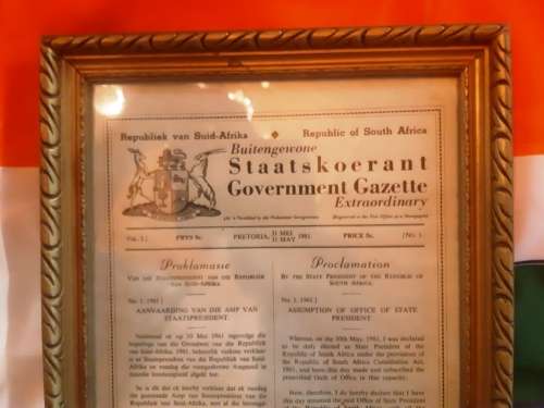 RSA history Gov Gazette Vol 1. 31-5-61 Originally signed Proclamation Assumption/Office of President