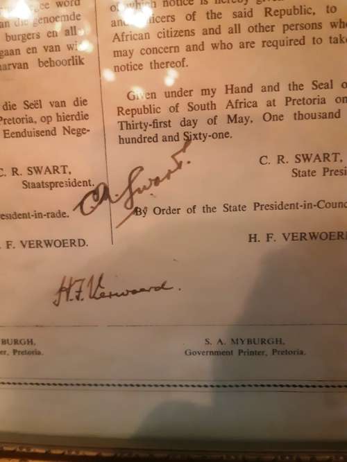 RSA history Gov Gazette Vol 1. 31-5-61 Originally signed Proclamation Assumption/Office of President