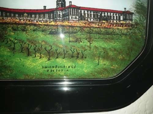 Rare vintage foil created picture of the Union Buildings Pretoria framed with bubble/round glass