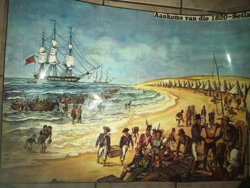 Big Vintage Print 90 cm x 65 cm `Aankoms van 1820 Britse Setlaars` laminated-Print in good condition