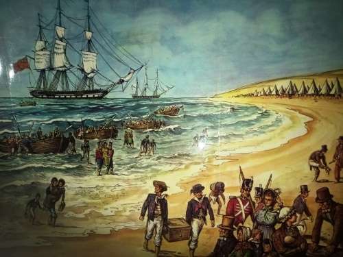 Big Vintage Print 90 cm x 65 cm `Aankoms van 1820 Britse Setlaars` laminated-Print in good condition