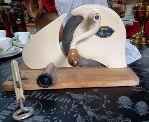 Vintage BME Regina Meat Slicer with collapsible wooden base and table mount-In working/good order