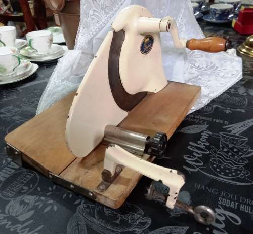 Vintage BME Regina Meat Slicer with collapsible wooden base and table mount-In working/good order