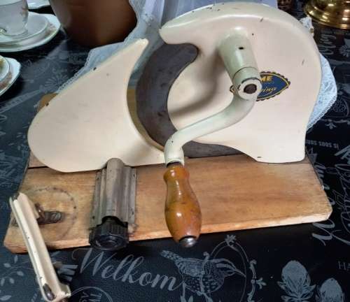 Vintage BME Regina Meat Slicer with collapsible wooden base and table mount-In working/good order