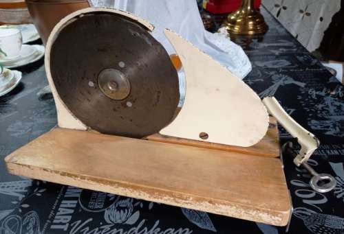 Vintage BME Regina Meat Slicer with collapsible wooden base and table mount-In working/good order