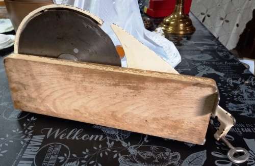Vintage BME Regina Meat Slicer with collapsible wooden base and table mount-In working/good order