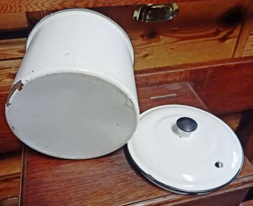 Vintage white Enamel Salt  Container with lid in good condition