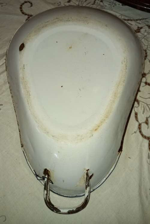 Antique white enamel bed pan from the 40`s with blue trimmings