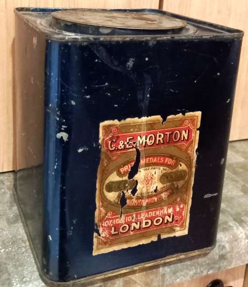 Antique C and E Morton London Royal blue tin-H 19 cm, Dia. 16 cm x 16 cm