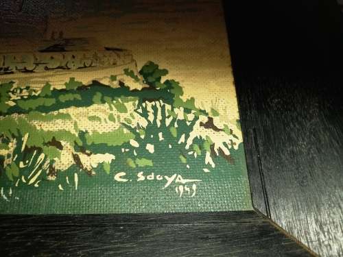 Vintage Voortrekker Monument painting oil on board with antique black wooden frame -C. Sydoya -1949