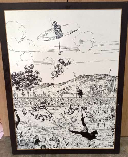 SA Cartoon Artist T.O. Honiball "Ruby Game" black and white print 1955 on hard board