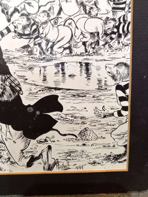 SA Cartoon Artist T.O. Honiball "Ruby Game" black and white print 1955 on hard board