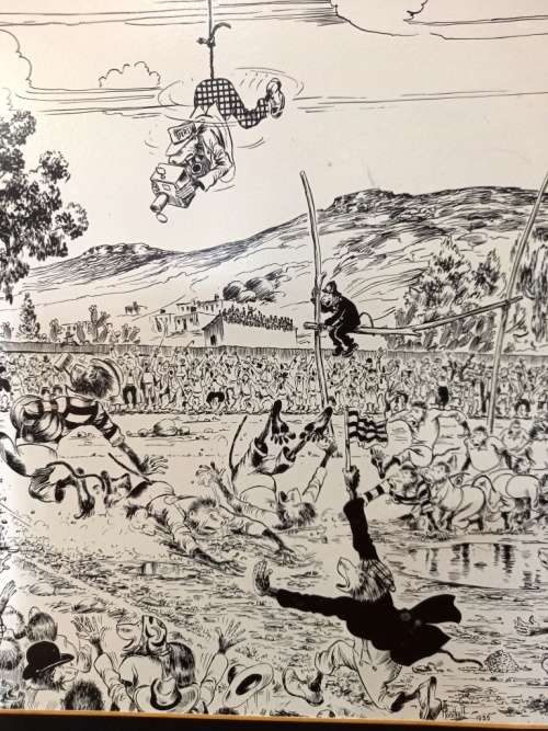 SA Cartoon Artist T.O. Honiball "Ruby Game" black and white print 1955 on hard board