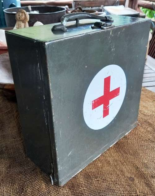 Vintage Metal Military Like first Aid Box from the 1960`s with official instructions