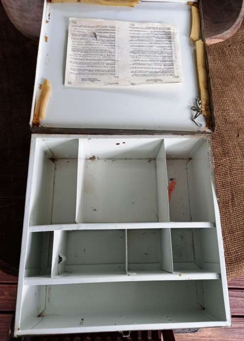 Vintage Metal Military Like first Aid Box from the 1960`s with official instructions