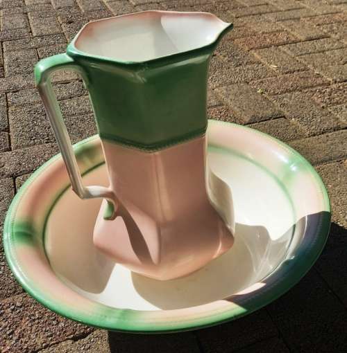Unique Big Antique 1920`s Green and Pink J and G Meakin good quality Porcelain Bowl and Pitcher set