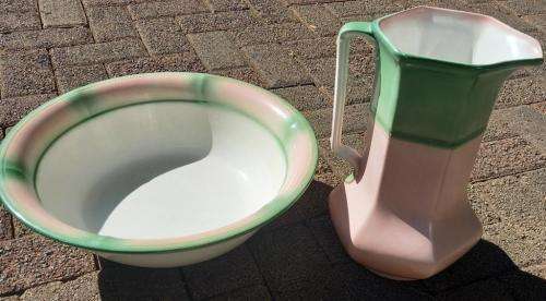 Unique Big Antique 1920`s Green and Pink J and G Meakin good quality Porcelain Bowl and Pitcher set