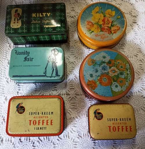 6 x Vintage toffee and sweets tins.(Sharps, Kilty, Vanity Fair and Sunrise)