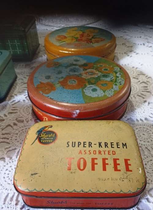 6 x Vintage toffee and sweets tins.(Sharps, Kilty, Vanity Fair and Sunrise)
