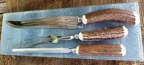 Priestley&Moore Ltd. Cutlers&Silversmiths Sheffield England-3 piece Staghorn Carving Set-never used