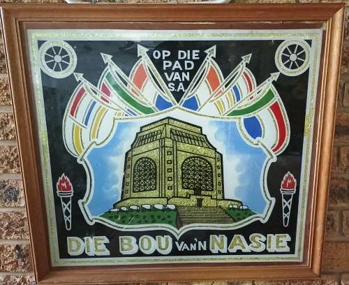 Big vintage glass framed `Bou van `n Nasie` Pic with the Voortrekker Monument filled with foil