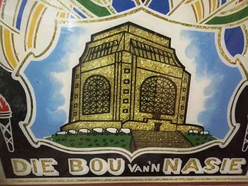 Big vintage glass framed `Bou van `n Nasie` Pic with the Voortrekker Monument filled with foil