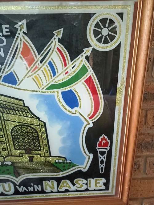 Big vintage glass framed `Bou van `n Nasie` Pic with the Voortrekker Monument filled with foil